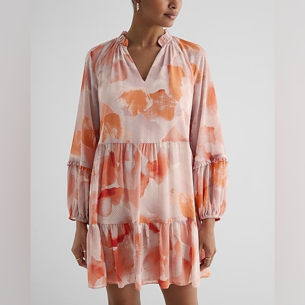 Floral Ruffle Neck Tiered Mini Shift Dress NWT - Picture 3 of 7